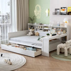 Pełnowymiarowe wielofunkcyjne łóżko dzienne (daybed) z półkami do przechowywania, dwoma szufladami i wbudowanym biurkiem do nauki