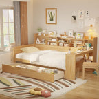 Pełnowymiarowe wielofunkcyjne łóżko dzienne (daybed) z półkami do przechowywania, dwoma szufladami i wbudowanym biurkiem do nauki