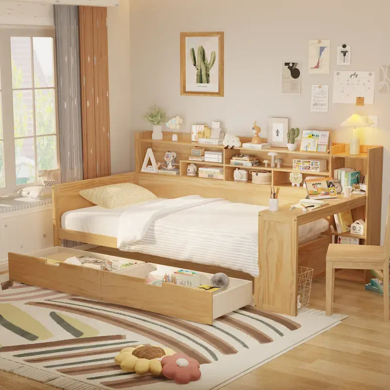 Pełnowymiarowe wielofunkcyjne łóżko dzienne (daybed) z półkami do przechowywania, dwoma szufladami i wbudowanym biurkiem do nauki
