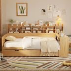 Pełnowymiarowe wielofunkcyjne łóżko dzienne (daybed) z półkami do przechowywania, dwoma szufladami i wbudowanym biurkiem do nauki