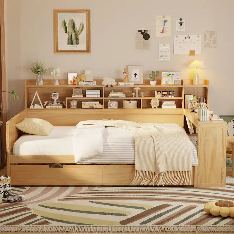 Pełnowymiarowe wielofunkcyjne łóżko dzienne (daybed) z półkami do przechowywania, dwoma szufladami i wbudowanym biurkiem do nauki