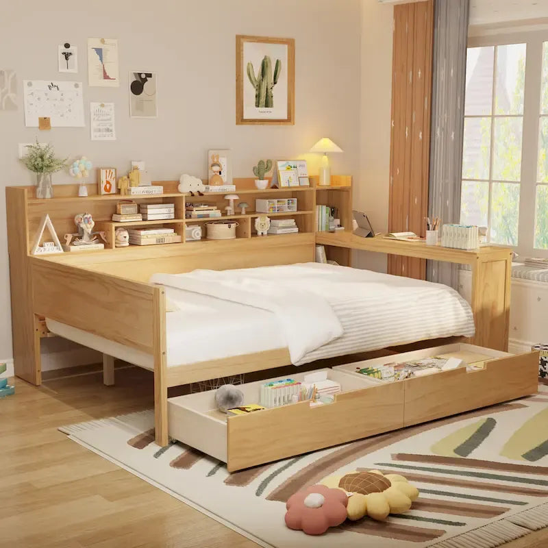 Pełnowymiarowe wielofunkcyjne łóżko dzienne (daybed) z półkami do przechowywania, dwoma szufladami i wbudowanym biurkiem do nauki