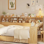 Pełnowymiarowe wielofunkcyjne łóżko dzienne (daybed) z półkami do przechowywania, dwoma szufladami i wbudowanym biurkiem do nauki