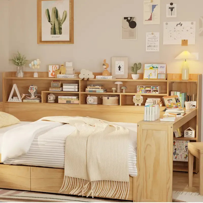 Pełnowymiarowe wielofunkcyjne łóżko dzienne (daybed) z półkami do przechowywania, dwoma szufladami i wbudowanym biurkiem do nauki