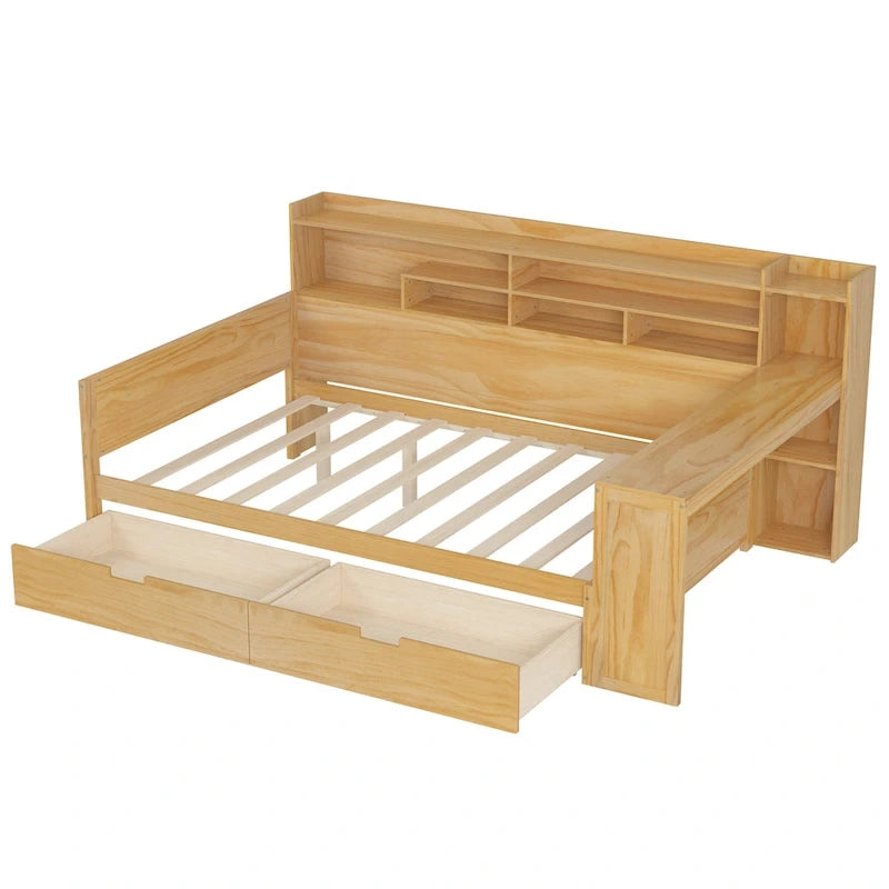 Pełnowymiarowe wielofunkcyjne łóżko dzienne (daybed) z półkami do przechowywania, dwoma szufladami i wbudowanym biurkiem do nauki