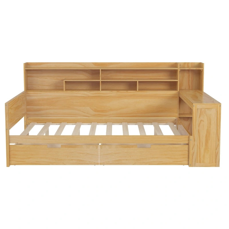 Pełnowymiarowe wielofunkcyjne łóżko dzienne (daybed) z półkami do przechowywania, dwoma szufladami i wbudowanym biurkiem do nauki