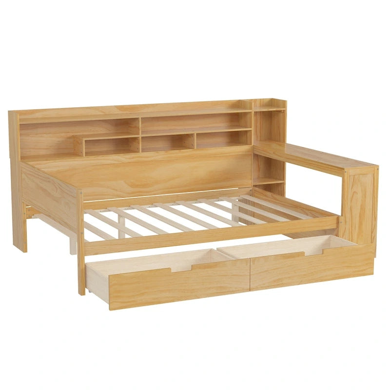 Pełnowymiarowe wielofunkcyjne łóżko dzienne (daybed) z półkami do przechowywania, dwoma szufladami i wbudowanym biurkiem do nauki