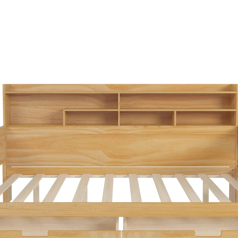 Pełnowymiarowe wielofunkcyjne łóżko dzienne (daybed) z półkami do przechowywania, dwoma szufladami i wbudowanym biurkiem do nauki