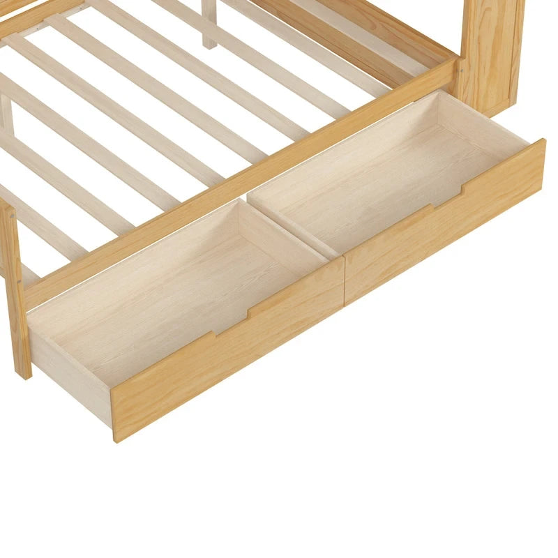 Pełnowymiarowe wielofunkcyjne łóżko dzienne (daybed) z półkami do przechowywania, dwoma szufladami i wbudowanym biurkiem do nauki