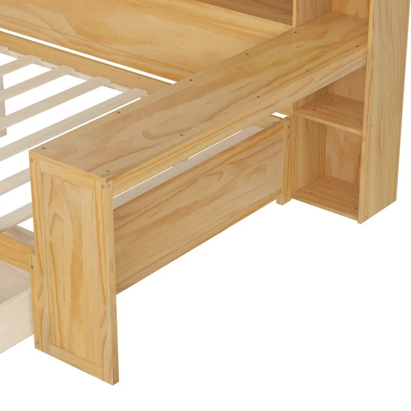 Pełnowymiarowe wielofunkcyjne łóżko dzienne (daybed) z półkami do przechowywania, dwoma szufladami i wbudowanym biurkiem do nauki