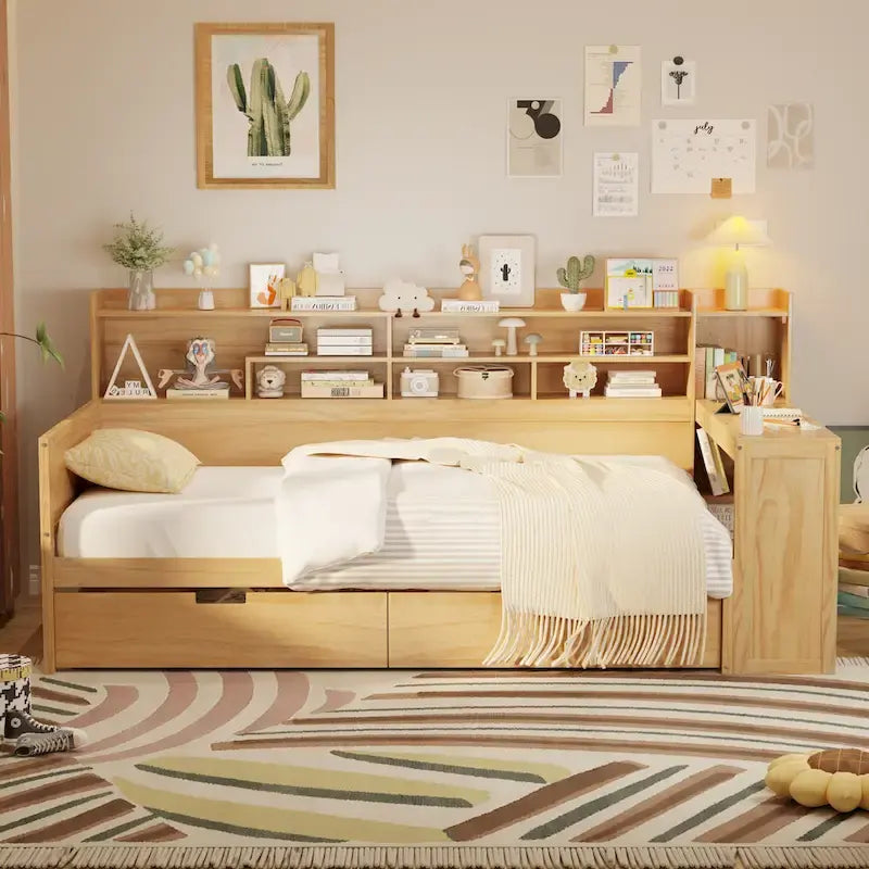 Pełnowymiarowe wielofunkcyjne łóżko dzienne (daybed) z półkami do przechowywania, dwoma szufladami i wbudowanym biurkiem do nauki