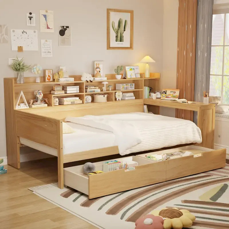 Pełnowymiarowe wielofunkcyjne łóżko dzienne (daybed) z półkami do przechowywania, dwoma szufladami i wbudowanym biurkiem do nauki