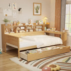 Pełnowymiarowe wielofunkcyjne łóżko dzienne (daybed) z półkami do przechowywania, dwoma szufladami i wbudowanym biurkiem do nauki