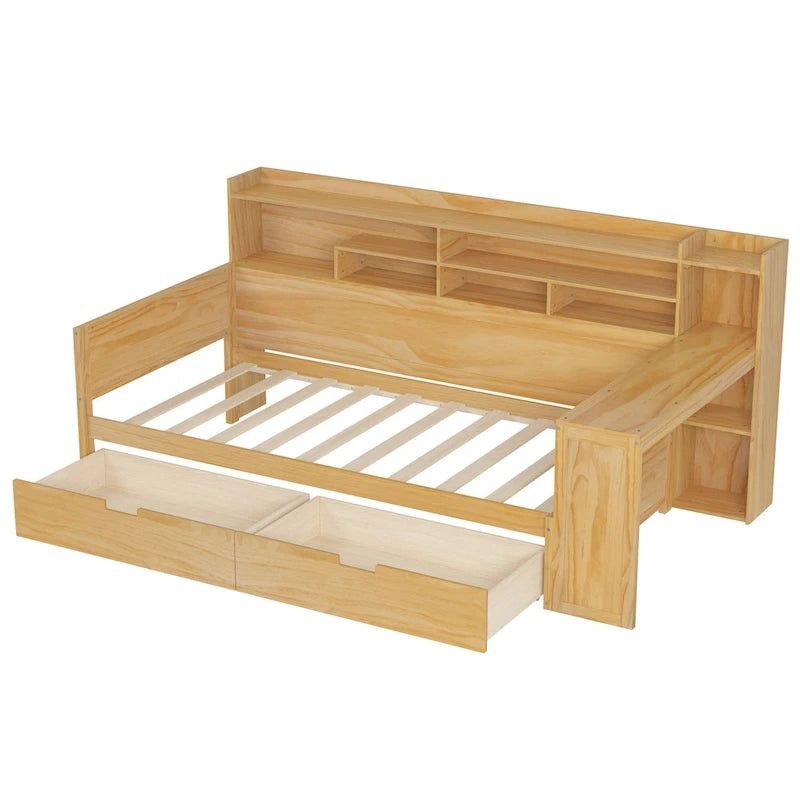 Pełnowymiarowe wielofunkcyjne łóżko dzienne (daybed) z półkami do przechowywania, dwoma szufladami i wbudowanym biurkiem do nauki
