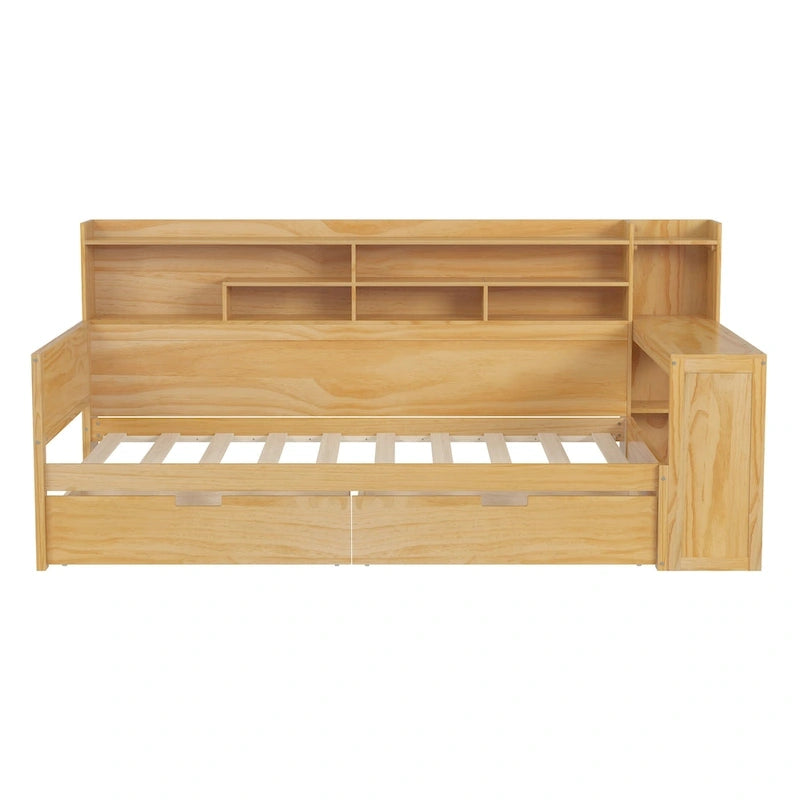 Pełnowymiarowe wielofunkcyjne łóżko dzienne (daybed) z półkami do przechowywania, dwoma szufladami i wbudowanym biurkiem do nauki