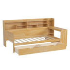 Pełnowymiarowe wielofunkcyjne łóżko dzienne (daybed) z półkami do przechowywania, dwoma szufladami i wbudowanym biurkiem do nauki