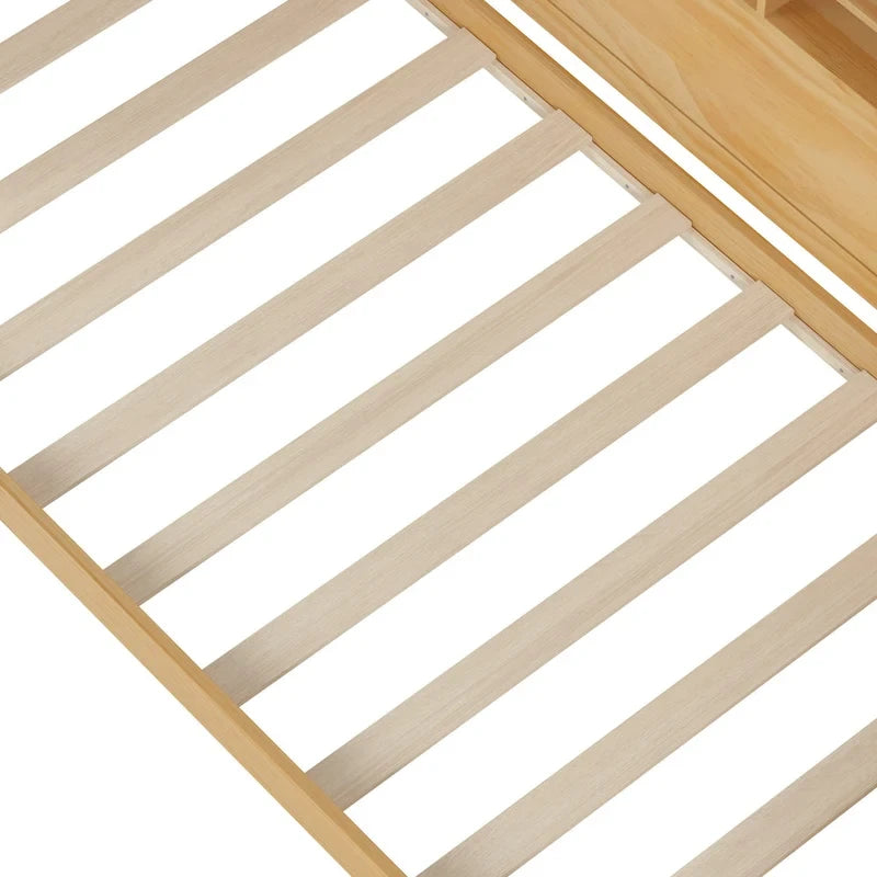 Pełnowymiarowe wielofunkcyjne łóżko dzienne (daybed) z półkami do przechowywania, dwoma szufladami i wbudowanym biurkiem do nauki