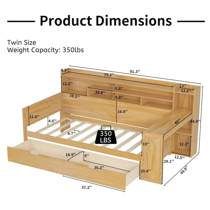 Pełnowymiarowe wielofunkcyjne łóżko dzienne (daybed) z półkami do przechowywania, dwoma szufladami i wbudowanym biurkiem do nauki