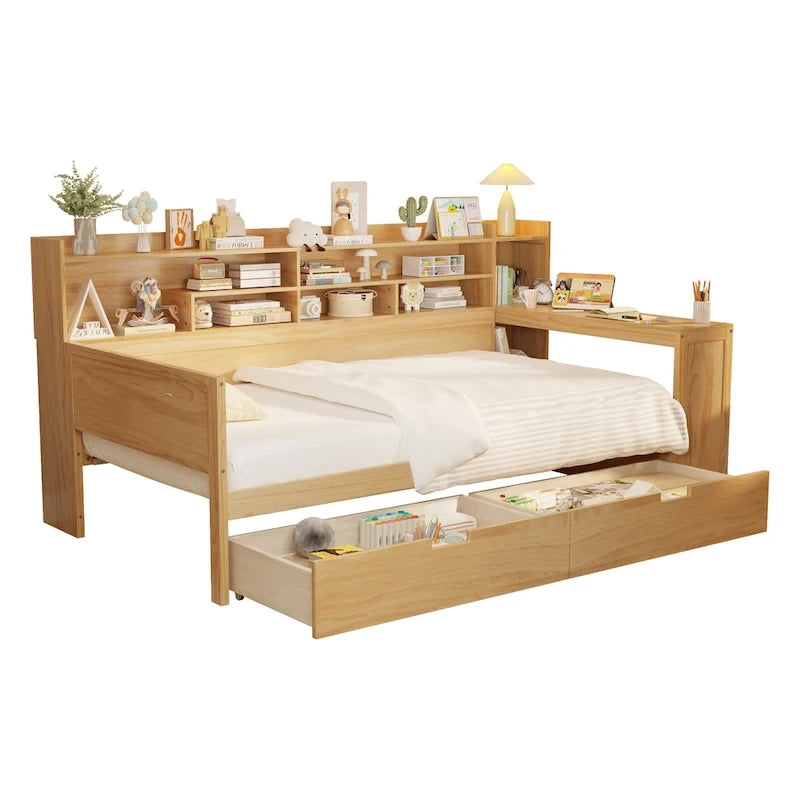 Pełnowymiarowe wielofunkcyjne łóżko dzienne (daybed) z półkami do przechowywania, dwoma szufladami i wbudowanym biurkiem do nauki