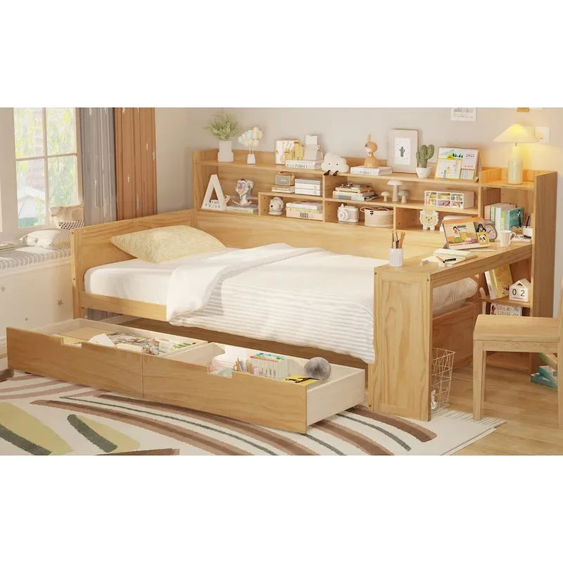 Pełnowymiarowe wielofunkcyjne łóżko dzienne (daybed) z półkami do przechowywania, dwoma szufladami i wbudowanym biurkiem do nauki