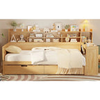 Pełnowymiarowe wielofunkcyjne łóżko dzienne (daybed) z półkami do przechowywania, dwoma szufladami i wbudowanym biurkiem do nauki