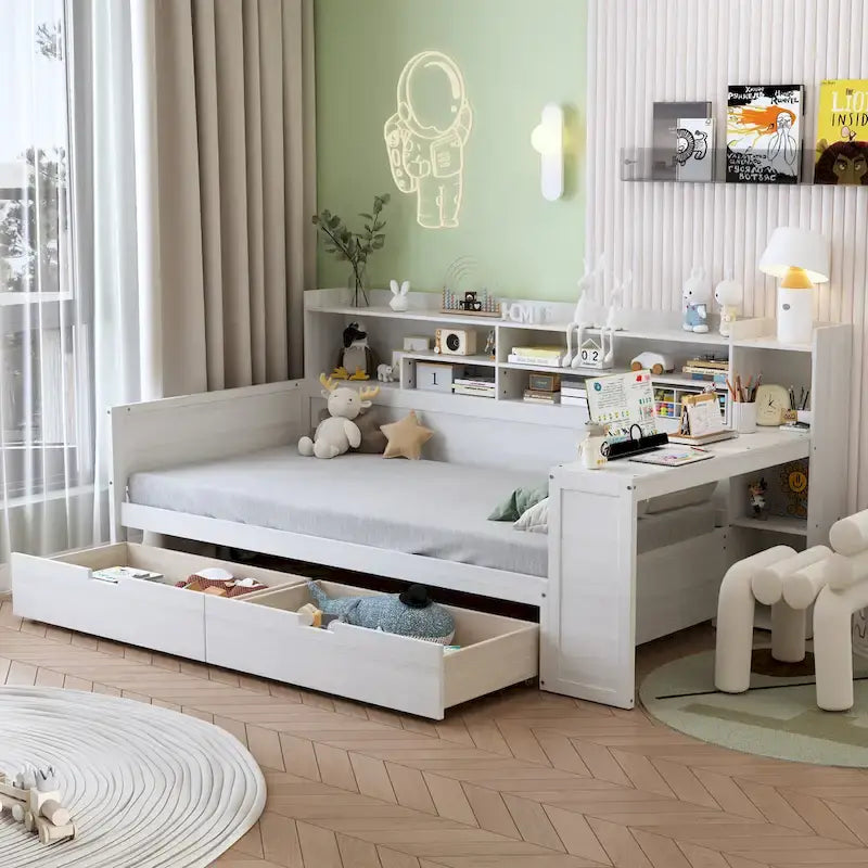 Pełnowymiarowe wielofunkcyjne łóżko dzienne (daybed) z półkami do przechowywania, dwoma szufladami i wbudowanym biurkiem do nauki