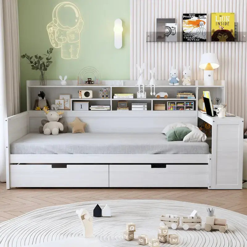 Pełnowymiarowe wielofunkcyjne łóżko dzienne (daybed) z półkami do przechowywania, dwoma szufladami i wbudowanym biurkiem do nauki
