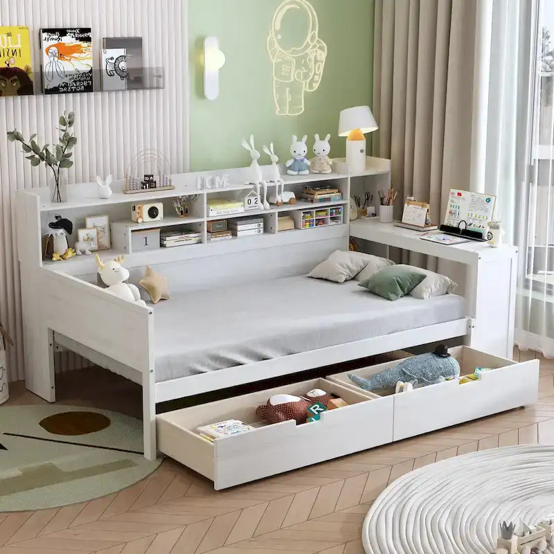 Pełnowymiarowe wielofunkcyjne łóżko dzienne (daybed) z półkami do przechowywania, dwoma szufladami i wbudowanym biurkiem do nauki
