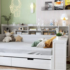 Pełnowymiarowe wielofunkcyjne łóżko dzienne (daybed) z półkami do przechowywania, dwoma szufladami i wbudowanym biurkiem do nauki