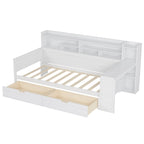 Pełnowymiarowe wielofunkcyjne łóżko dzienne (daybed) z półkami do przechowywania, dwoma szufladami i wbudowanym biurkiem do nauki