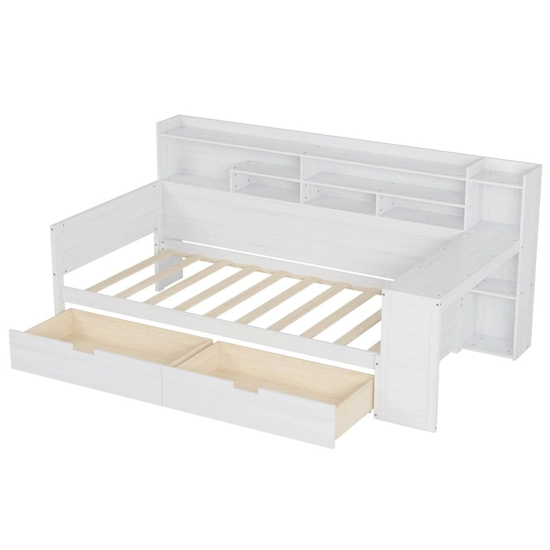 Pełnowymiarowe wielofunkcyjne łóżko dzienne (daybed) z półkami do przechowywania, dwoma szufladami i wbudowanym biurkiem do nauki