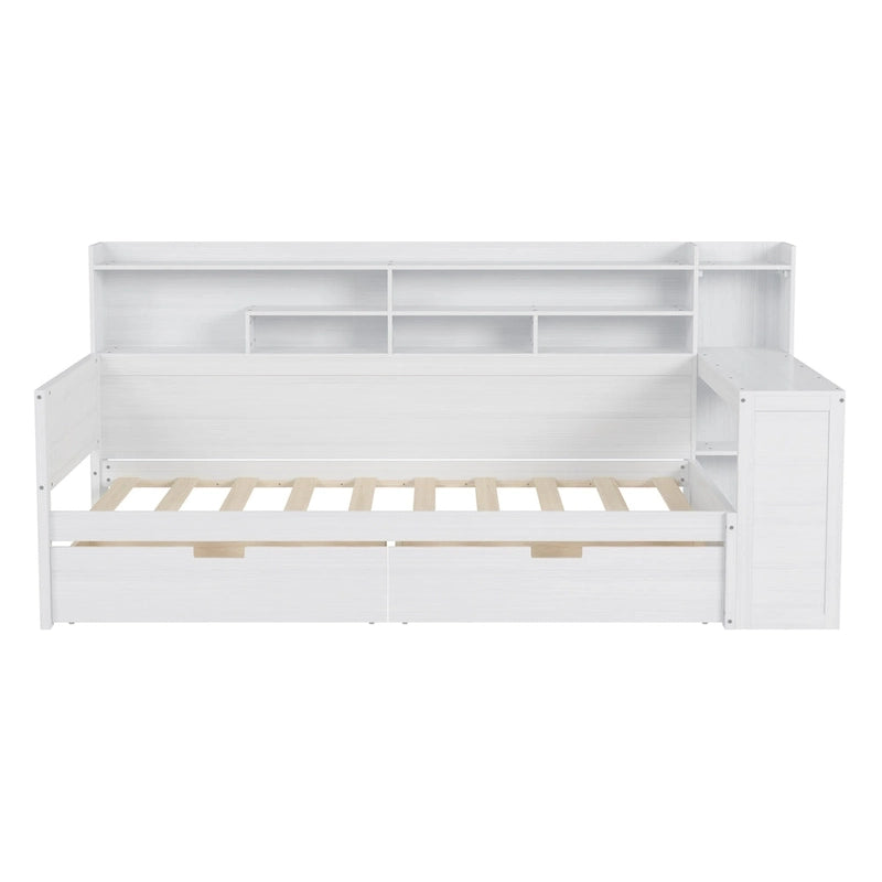 Pełnowymiarowe wielofunkcyjne łóżko dzienne (daybed) z półkami do przechowywania, dwoma szufladami i wbudowanym biurkiem do nauki