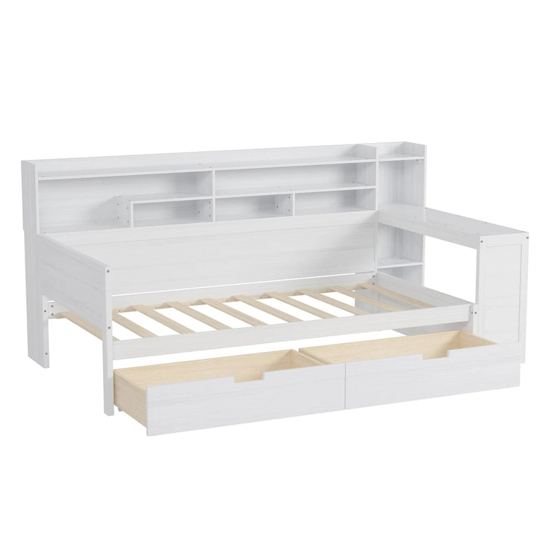 Pełnowymiarowe wielofunkcyjne łóżko dzienne (daybed) z półkami do przechowywania, dwoma szufladami i wbudowanym biurkiem do nauki