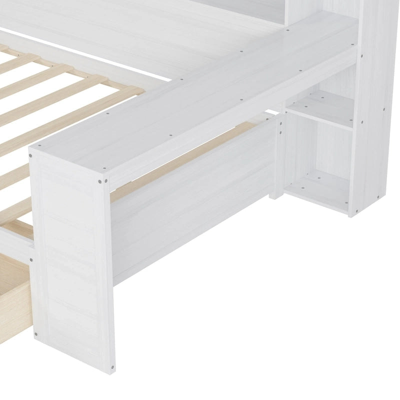 Pełnowymiarowe wielofunkcyjne łóżko dzienne (daybed) z półkami do przechowywania, dwoma szufladami i wbudowanym biurkiem do nauki