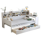Pełnowymiarowe wielofunkcyjne łóżko dzienne (daybed) z półkami do przechowywania, dwoma szufladami i wbudowanym biurkiem do nauki
