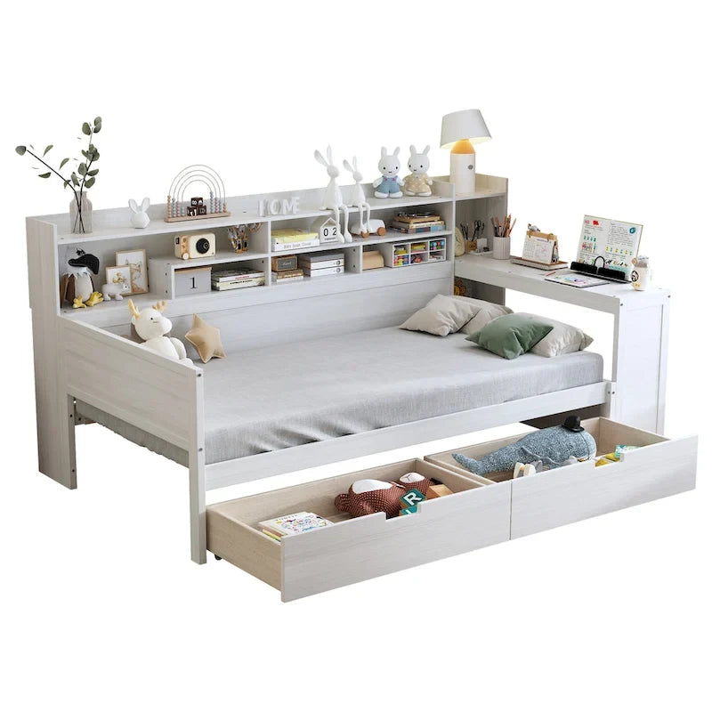 Pełnowymiarowe wielofunkcyjne łóżko dzienne (daybed) z półkami do przechowywania, dwoma szufladami i wbudowanym biurkiem do nauki