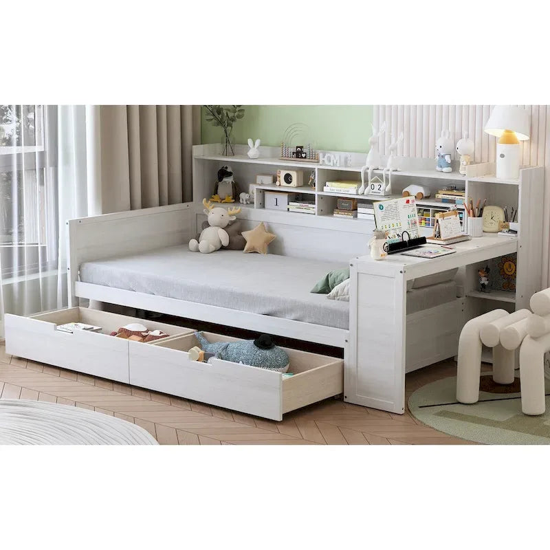 Pełnowymiarowe wielofunkcyjne łóżko dzienne (daybed) z półkami do przechowywania, dwoma szufladami i wbudowanym biurkiem do nauki
