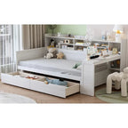 Pełnowymiarowe wielofunkcyjne łóżko dzienne (daybed) z półkami do przechowywania, dwoma szufladami i wbudowanym biurkiem do nauki
