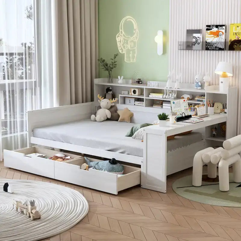 Pełnowymiarowe wielofunkcyjne łóżko dzienne (daybed) z półkami do przechowywania, dwoma szufladami i wbudowanym biurkiem do nauki