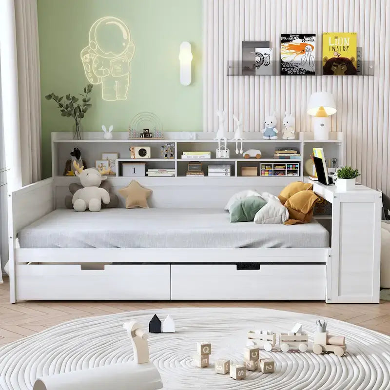 Pełnowymiarowe wielofunkcyjne łóżko dzienne (daybed) z półkami do przechowywania, dwoma szufladami i wbudowanym biurkiem do nauki