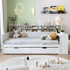 Pełnowymiarowe wielofunkcyjne łóżko dzienne (daybed) z półkami do przechowywania, dwoma szufladami i wbudowanym biurkiem do nauki