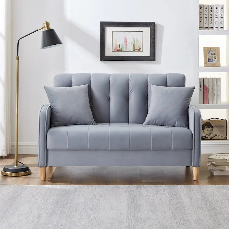 Nowoczesna sofa do salonu, mała kanapa dwuosobowa, gładka, aksamitna tapicerka, pikowana, beżowa
