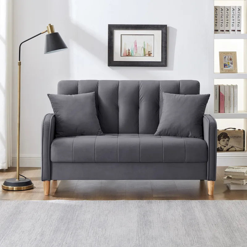 Nowoczesna sofa do salonu, mała kanapa dwuosobowa, gładka, aksamitna tapicerka, pikowana, beżowa