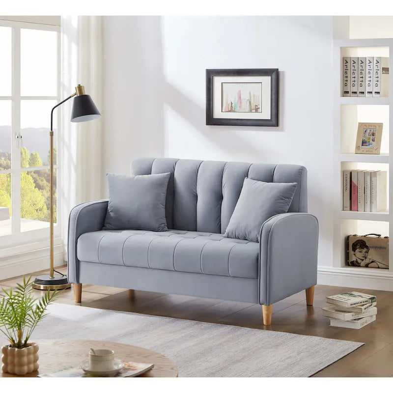 Nowoczesna sofa do salonu, mała kanapa dwuosobowa, gładka, aksamitna tapicerka, pikowana, beżowa
