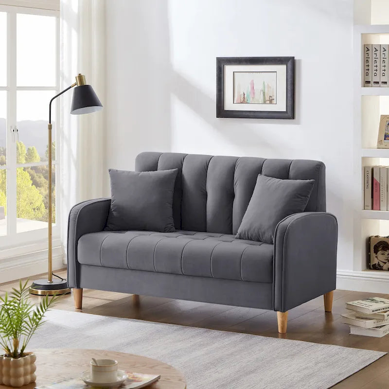Nowoczesna sofa do salonu, mała kanapa dwuosobowa, gładka, aksamitna tapicerka, pikowana, beżowa