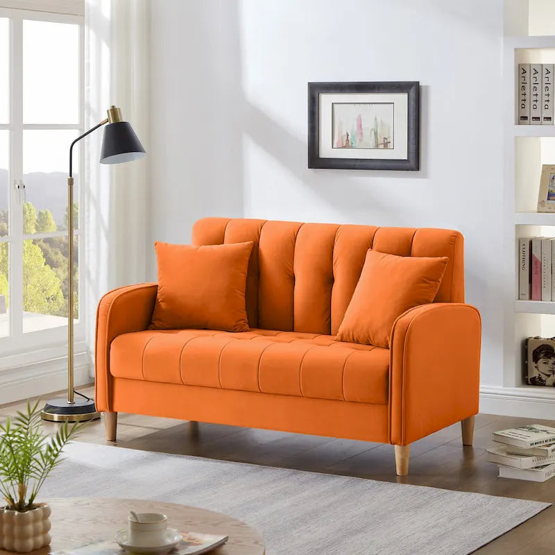 Nowoczesna sofa do salonu, mała kanapa dwuosobowa, gładka, aksamitna tapicerka, pikowana, beżowa