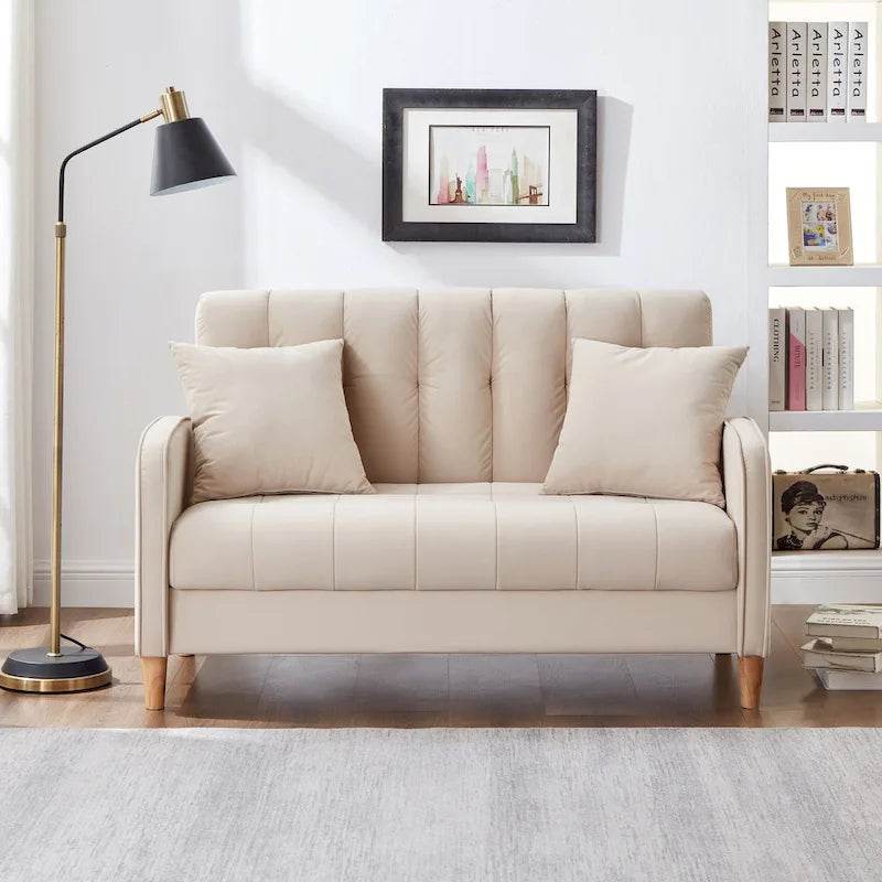 Nowoczesna sofa do salonu, mała kanapa dwuosobowa, gładka, aksamitna tapicerka, pikowana, beżowa