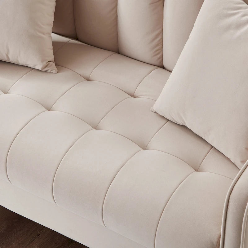 Nowoczesna sofa do salonu, mała kanapa dwuosobowa, gładka, aksamitna tapicerka, pikowana, beżowa