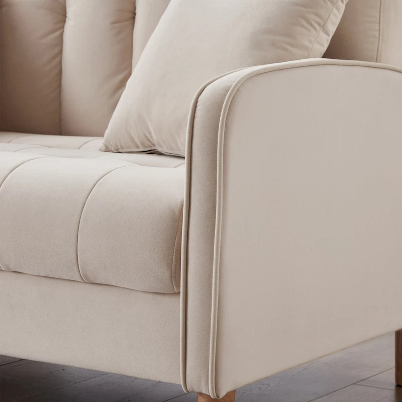 Nowoczesna sofa do salonu, mała kanapa dwuosobowa, gładka, aksamitna tapicerka, pikowana, beżowa