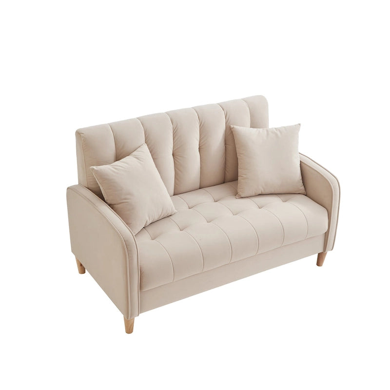 Nowoczesna sofa do salonu, mała kanapa dwuosobowa, gładka, aksamitna tapicerka, pikowana, beżowa